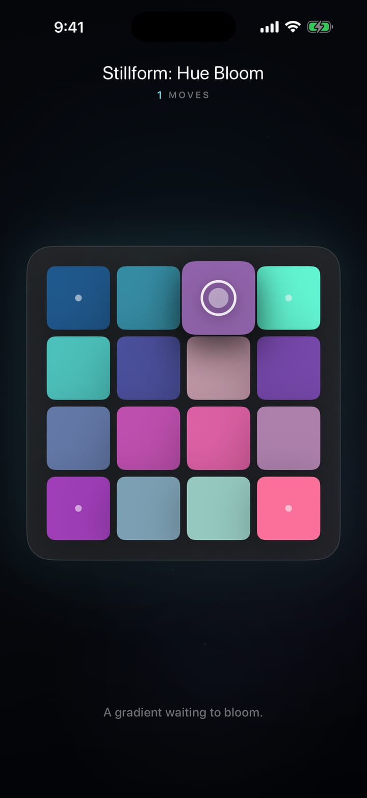 Stillform: a 4×4 grid of color tiles in blues, teals, violets and pinks, one move in.