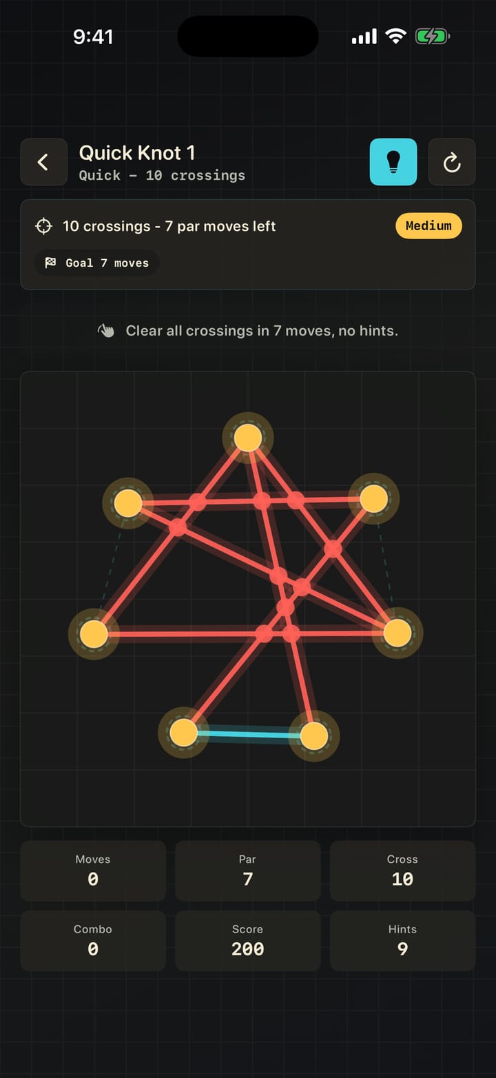 Tanglelight: yellow pins joined by red crossing threads and one clear cyan thread; ten crossings, par seven.